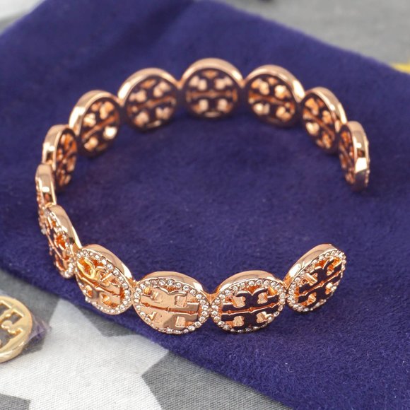 NEW Tory Burch Miller Pave Repeating Logo Cuff Bracelet Bangle in Rose Gold - Picture 4 of 5